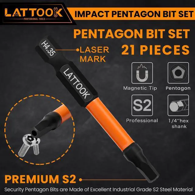 Alt view image 3 of 7 - Impact Pentagon Bit Set, LATTOOK 21-Pieces Metric 5 Sided Tamper Proof Security Bit Set, 1/4" Hex Shank Magnetic S2 Steel, 2.3'' & 1'' Long