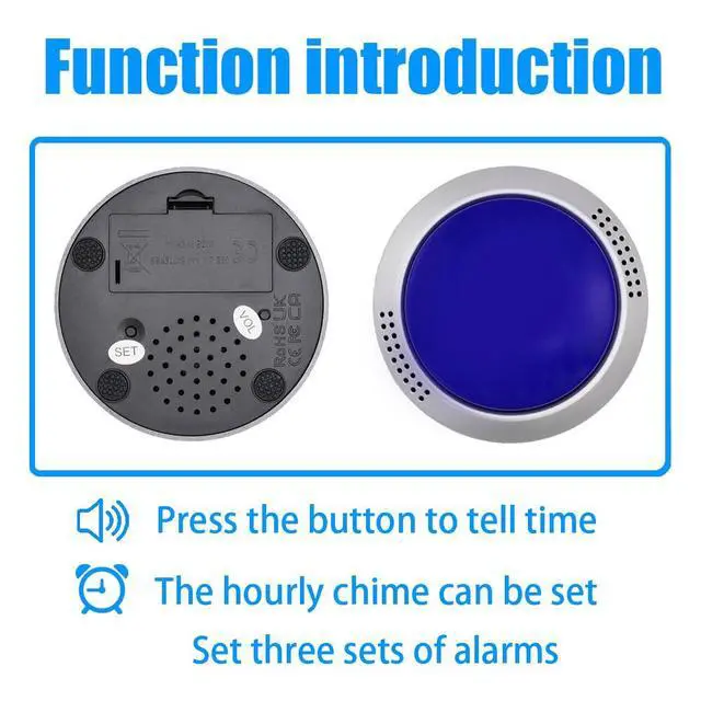 Alt view image 3 of 3 - Talking Button Clock - for The Blind, Elderly or Visually impaired (Blue and Silver)