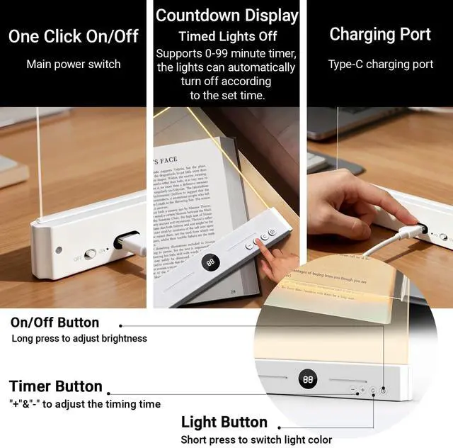 Alt view image 4 of 7 - Book Light, Rechargeable LED Reading Light for Book, Upgraded Flat Book Lights for Reading with 3 Colors & Timer, Dimmable Panel Plate Book Lamp in Bed at Night - Gift for Readers Kids(Black)