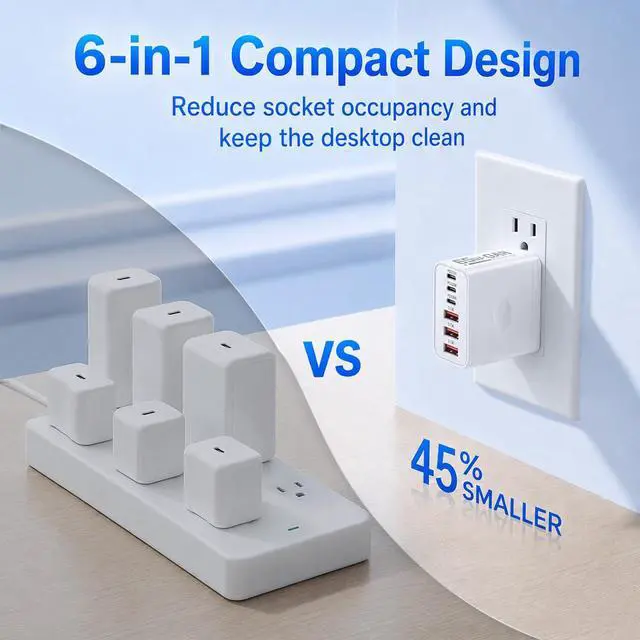 Alt view image 6 of 7 - 65W USB C Charger Block, 2 Pack 6-Port PD Fast Wall Charger