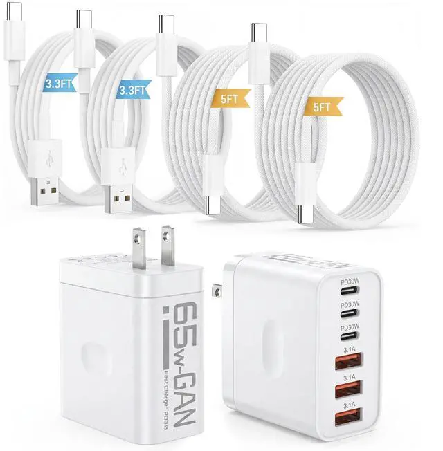Main image of 2 Pack 65W Multiport USB C Charging Block,6-Port Wall Charger Plug for iPhone 17 16 15,PD QC 3.0 Fast Charging Power Adapter with Type C USB A Cord for Samsgung Galaxy,Google Pixel,iPad,Air Pods