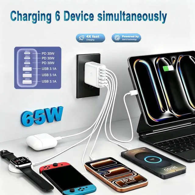 Alt view image 2 of 7 - 2 Pack 65W Multiport USB C Charging Block,6-Port Wall Charger Plug for iPhone 17 16 15,PD QC 3.0 Fast Charging Power Adapter with Type C USB A Cord for Samsgung Galaxy,Google Pixel,iPad,Air Pods