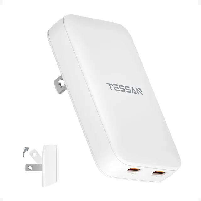 Main image of USB C Charger Block PD 65W, TESSAN Flat Fast Charger Foldable, GaN Type C Charging Block 2 Ports, Ultra Slim USB Wall Plug Compatible with iPhone 17/16/15 Series and Samsung Galaxy Models, Travel