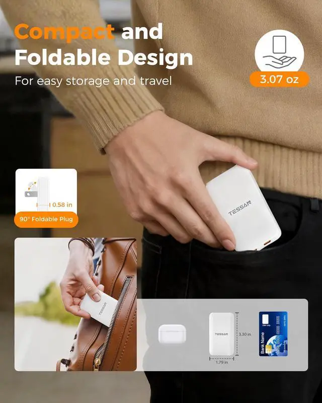 Alt view image 4 of 7 - USB C Charger Block PD 65W, TESSAN Flat Fast Charger Foldable, GaN Type C Charging Block 2 Ports, Ultra Slim USB Wall Plug Compatible with iPhone 17/16/15 Series and Samsung Galaxy Models, Travel