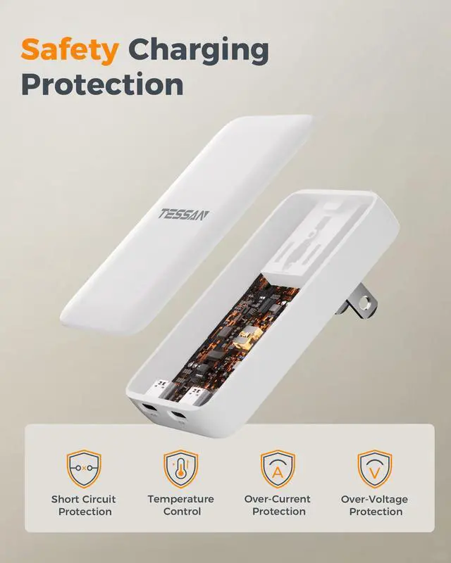 Alt view image 5 of 7 - USB C Charger Block PD 65W, TESSAN Flat Fast Charger Foldable, GaN Type C Charging Block 2 Ports, Ultra Slim USB Wall Plug Compatible with iPhone 17/16/15 Series and Samsung Galaxy Models, Travel