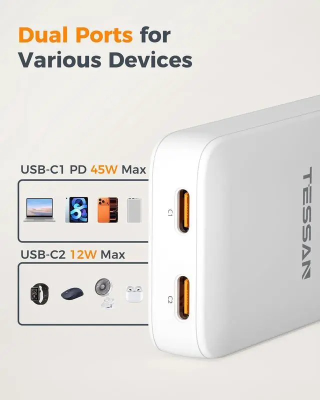 Alt view image 6 of 7 - USB C Charger Block PD 65W, TESSAN Flat Fast Charger Foldable, GaN Type C Charging Block 2 Ports, Ultra Slim USB Wall Plug Compatible with iPhone 17/16/15 Series and Samsung Galaxy Models, Travel