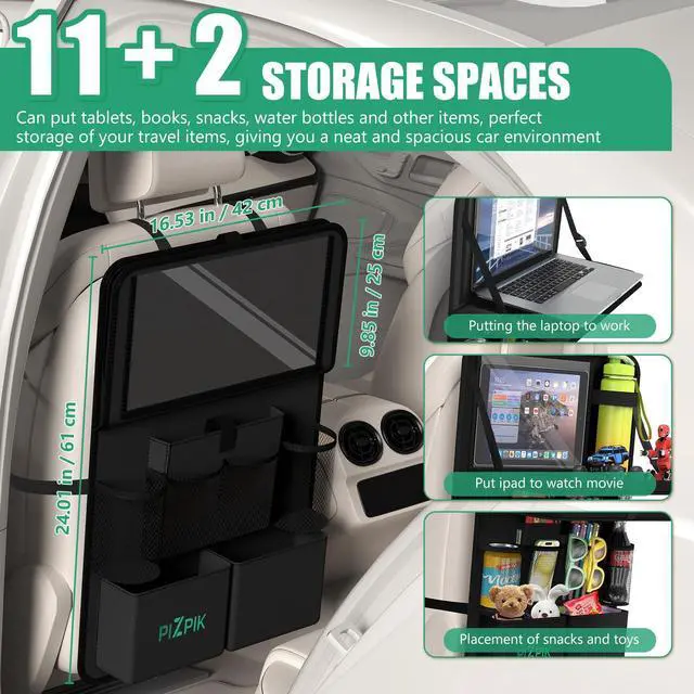 Alt view image 2 of 6 - Car Backseat Organizer with Tray(1Pack),13Storage Pockets with Foldable Food Tray, Protector Kick Mats for Kids, Travel Accessories Organizer (Black)