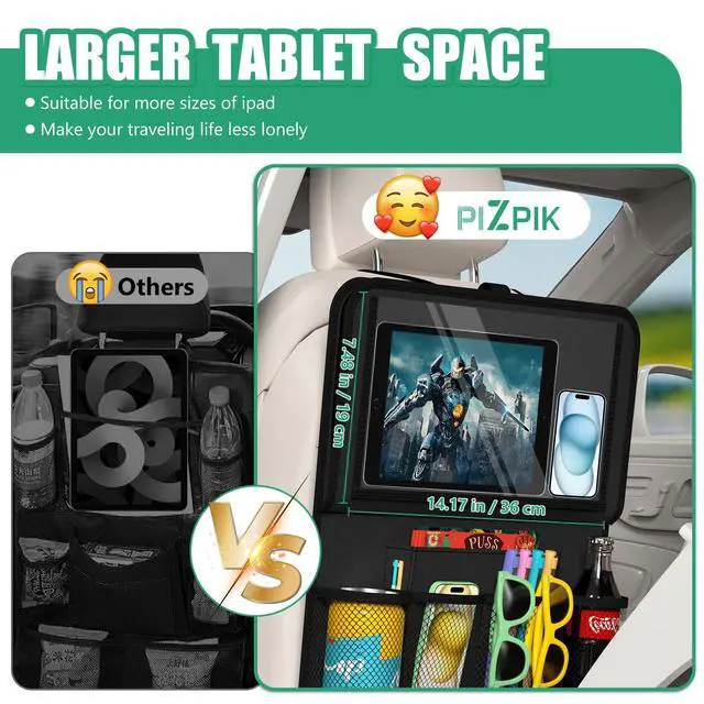 Alt view image 4 of 6 - Car Backseat Organizer with Tray(1Pack),13Storage Pockets with Foldable Food Tray, Protector Kick Mats for Kids, Travel Accessories Organizer (Black)