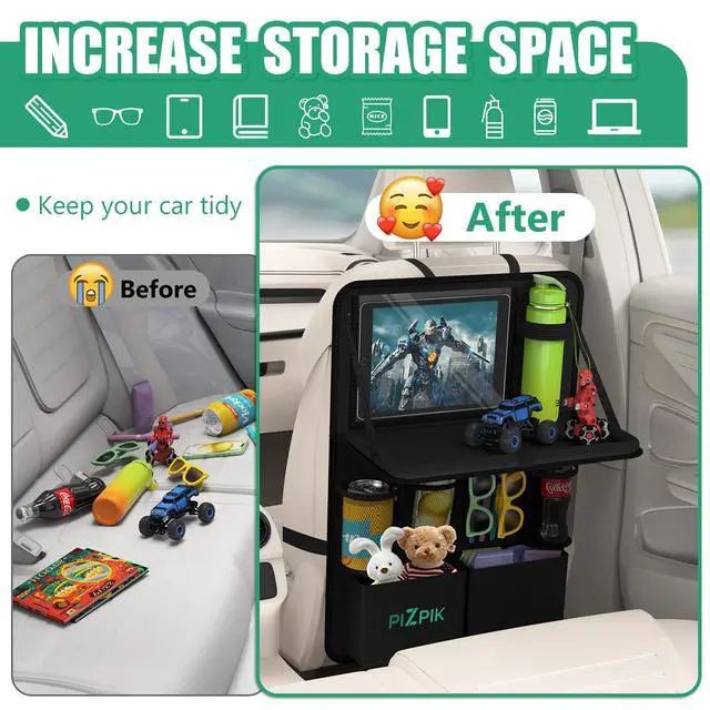 Alt view image 6 of 6 - Car Backseat Organizer with Tray(1Pack),13Storage Pockets with Foldable Food Tray, Protector Kick Mats for Kids, Travel Accessories Organizer (Black)