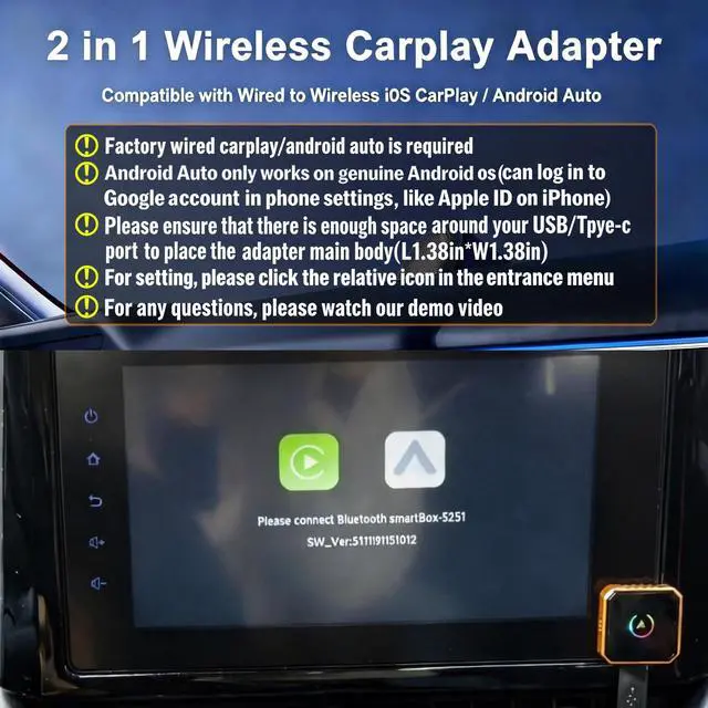Alt view image 5 of 7 - 2026 Upgraded 2in1 Wireless Carplay Adapter for Apple iPhone,Android Auto Carplay Adapter,Bluetooth,WiFi Dual Core,Mini Car Play Adapter USB &Type-c Dongle,Smaller,Fast,Stable,No Delay