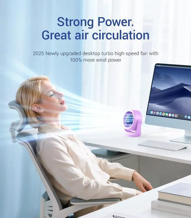 Alt view image 2 of 7 - USB Desk Turbo Fan, Ultra-Quiet Mini Desk Fan, Powerful Wind, LED Display, 5 Speed, 360° Rotating Small Portable Fan for Home, Office and Outdoor Cool Tech Gadgets - TurboBreeze