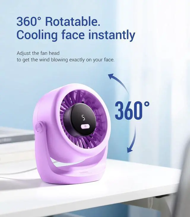 Alt view image 6 of 7 - USB Desk Turbo Fan, Ultra-Quiet Mini Desk Fan, Powerful Wind, LED Display, 5 Speed, 360° Rotating Small Portable Fan for Home, Office and Outdoor Cool Tech Gadgets - TurboBreeze