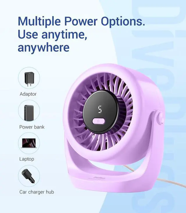 Alt view image 4 of 7 - USB Desk Turbo Fan, Ultra-Quiet Mini Desk Fan, Powerful Wind, LED Display, 5 Speed, 360° Rotating Small Portable Fan for Home, Office and Outdoor Cool Tech Gadgets - TurboBreeze