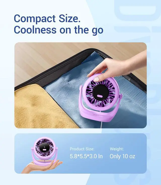 Alt view image 7 of 7 - USB Desk Turbo Fan, Ultra-Quiet Mini Desk Fan, Powerful Wind, LED Display, 5 Speed, 360° Rotating Small Portable Fan for Home, Office and Outdoor Cool Tech Gadgets - TurboBreeze