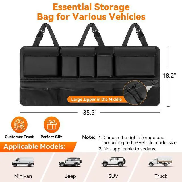 Alt view image 7 of 7 - for SUV, 35.5" x 18.2" Large Capacity Car Organizers and Storage, Backseat Hanging Storage Bag with 10 Pockets, Adjustable & Waterproof Car Interior Accessories for SUV Truck MPV