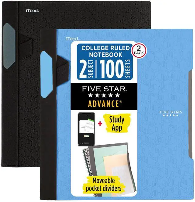 Main image of Advance Spiral Notebooks + Study App, 2 Pack, 1 Subject, College Ruled Paper, 11" x 8-1/2", 100 Sheets, With Spiral Guard and Movable Dividers, Black, Pacific Blue (820112)