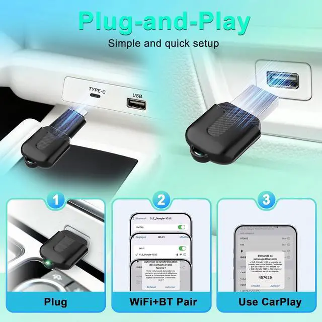 Alt view image 7 of 7 - Wireless Carplay Adapter, Convert Wired to Wireless CarPlay, Compatible with CarPlay, Plug and Play, Type-C/USB, Suitable for 800+ Vehicles (Matte Black)