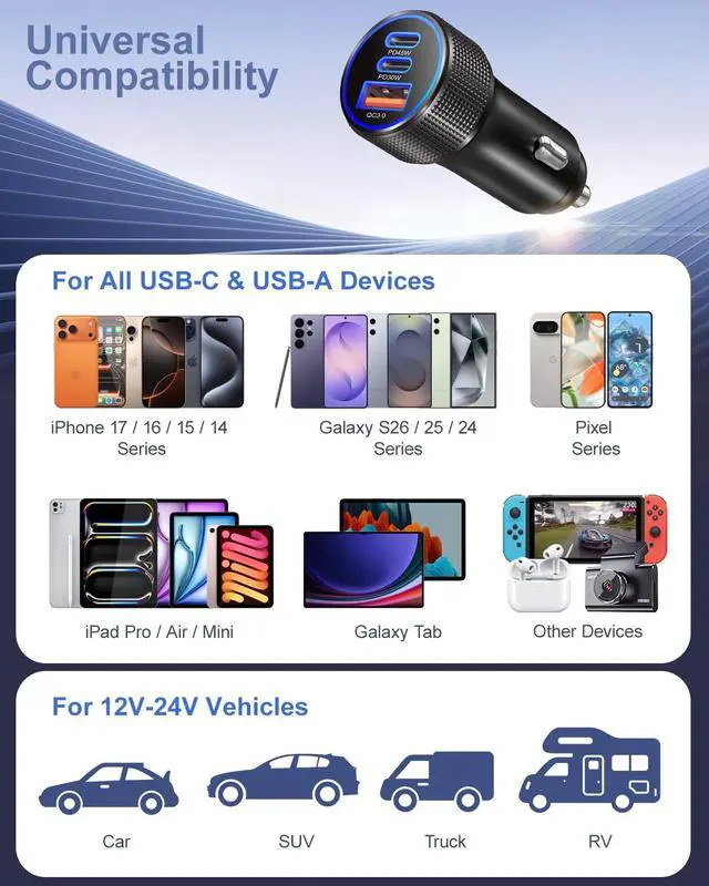 Alt view image 7 of 7 - 93W USB C Car Charger, 45W Super Fast Charging 2.0 Type C 3-Port Cigarette Lighter Adapter with 6ft USB-C Charger Cable for Galaxy S26 Ultra S25 FE S24 S22 iPhone 17 16 15 Pro Max, 2Pack