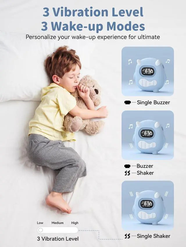 Alt view image 4 of 7 - Kids Digital Alarm Clock-Cordless 3000mAh Rechargeable Vibrating Digital Clock for Heavy Sleepers Mini Toddler Clock for Travel Bedroom Silicone Case Date/Month/Year 3 Alarm/Vibration Setting Mode