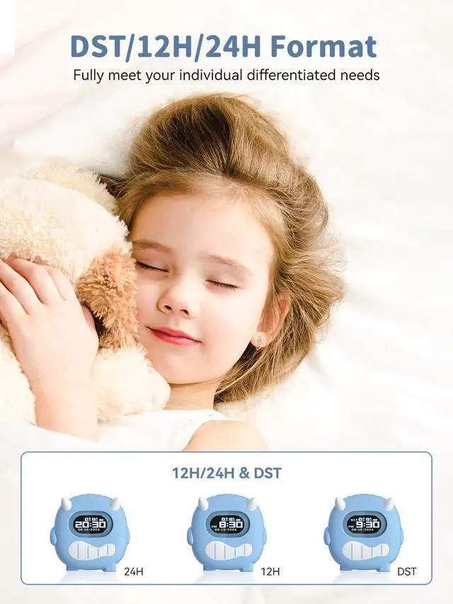 Alt view image 6 of 7 - Kids Digital Alarm Clock-Cordless 3000mAh Rechargeable Vibrating Digital Clock for Heavy Sleepers Mini Toddler Clock for Travel Bedroom Silicone Case Date/Month/Year 3 Alarm/Vibration Setting Mode