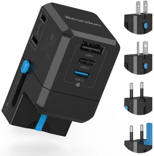 Main image of Travel Adapter for Europe & UK - 25W USB-C PD Fast Charger, 5-in-1 International Plug Adapter with 2 AC Outlets & 3 USB Ports, Flush-Fit Design for Recessed Sockets, Travel Essentials (Black)