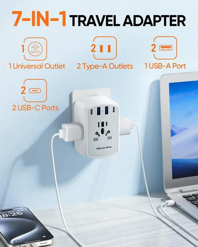 Alt view image 2 of 6 - Universal Travel Adapter Kit with 3 AC Outlets 4 USB Ports, International Plug Adapter for US EU UK AUS (Type-C/G/A/I), European Travel Essentials, Grey