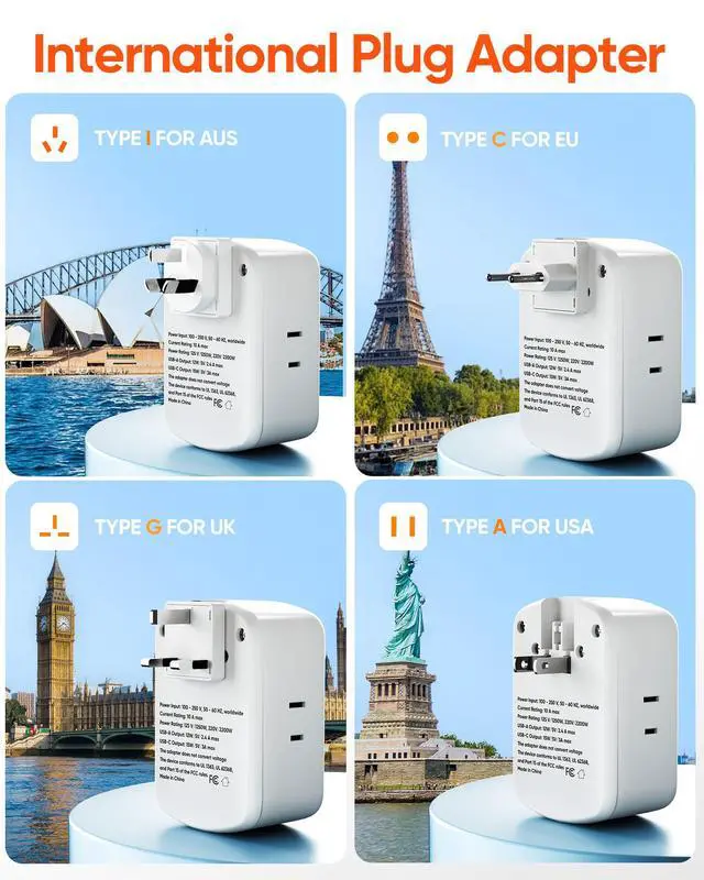 Alt view image 3 of 6 - Universal Travel Adapter Kit with 3 AC Outlets 4 USB Ports, International Plug Adapter for US EU UK AUS (Type-C/G/A/I), European Travel Essentials, Grey