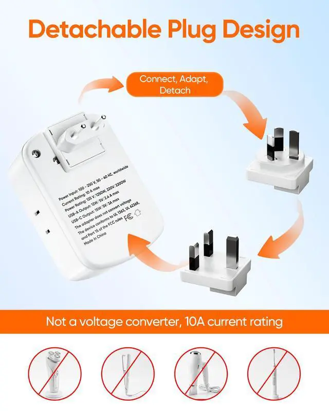Alt view image 5 of 6 - Universal Travel Adapter Kit with 3 AC Outlets 4 USB Ports, International Plug Adapter for US EU UK AUS (Type-C/G/A/I), European Travel Essentials, Grey