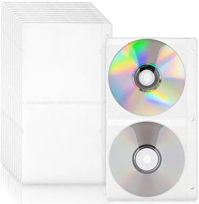 Main image of 100pcs White DVD Poly Sleeves for 3-Ring Binders, Each Holds 4 Discs, 400 Total Capacity, Made of PP Non-Woven Fabric, 10 x 5.75 Inches, 108mm Center Hole Spacing