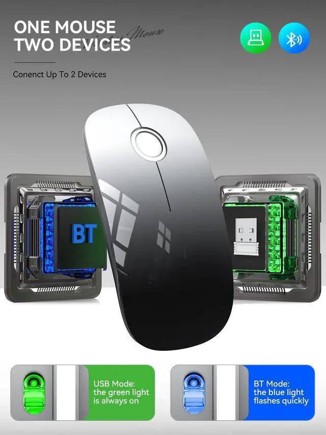 Alt view image 3 of 7 - Bluetooth Wireless Mouse - (BT5.1+USB) Dual Connectivity, Quiet Click, Low Power, and 1600 DPI, Portable Cordless Mouse for Laptop, MacBook Pro/Air, iPad (White to Black)