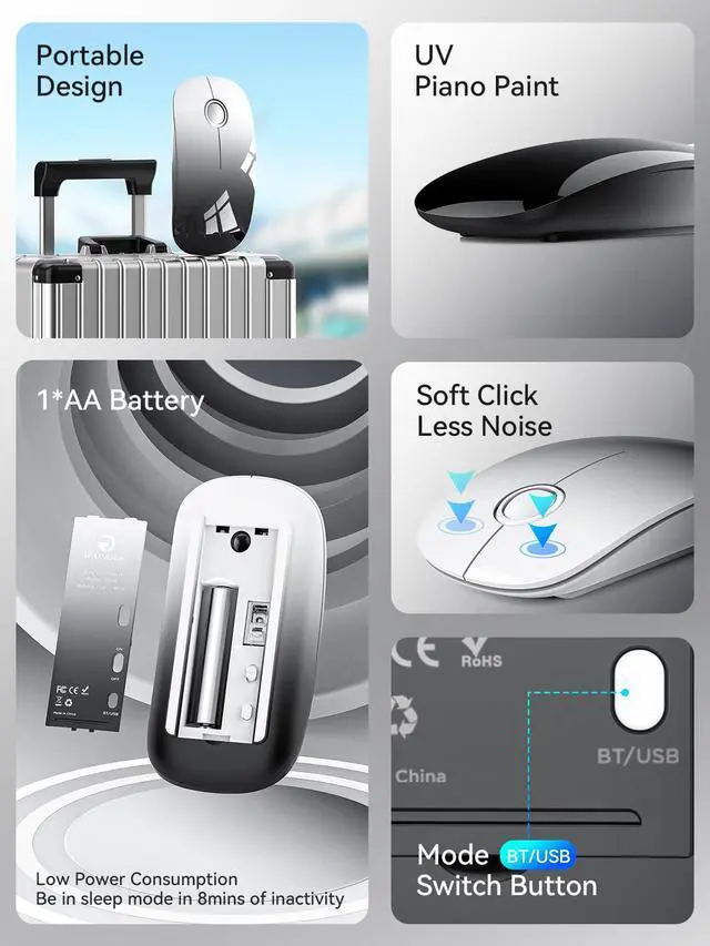 Alt view image 6 of 7 - Bluetooth Wireless Mouse - (BT5.1+USB) Dual Connectivity, Quiet Click, Low Power, and 1600 DPI, Portable Cordless Mouse for Laptop, MacBook Pro/Air, iPad (White to Black)