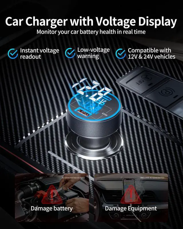Alt view image 4 of 7 - 130W 3-Port USB C Super Fast Car Charger (with Voltage Display) for Samsung Galaxy S26/S25/ S24/S23/S22 Ultra/Z Fold/Flip, Android Phone, Type C Car Charger Adapter Accessories + 240W 3FT USB C Cable