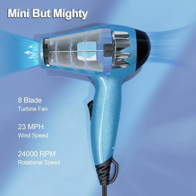 Alt view image 4 of 6 - Travel Hair Dryer with Diffuser,Small Dual Voltage Hair Dryers for Women,Mini Portable Blow Dryer for Men,Lightweight Compact Blow Dryer with European Plug(Blue)