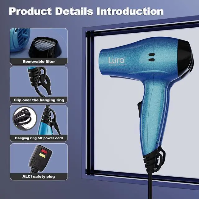 Alt view image 6 of 6 - Travel Hair Dryer with Diffuser,Small Dual Voltage Hair Dryers for Women,Mini Portable Blow Dryer for Men,Lightweight Compact Blow Dryer with European Plug(Blue)