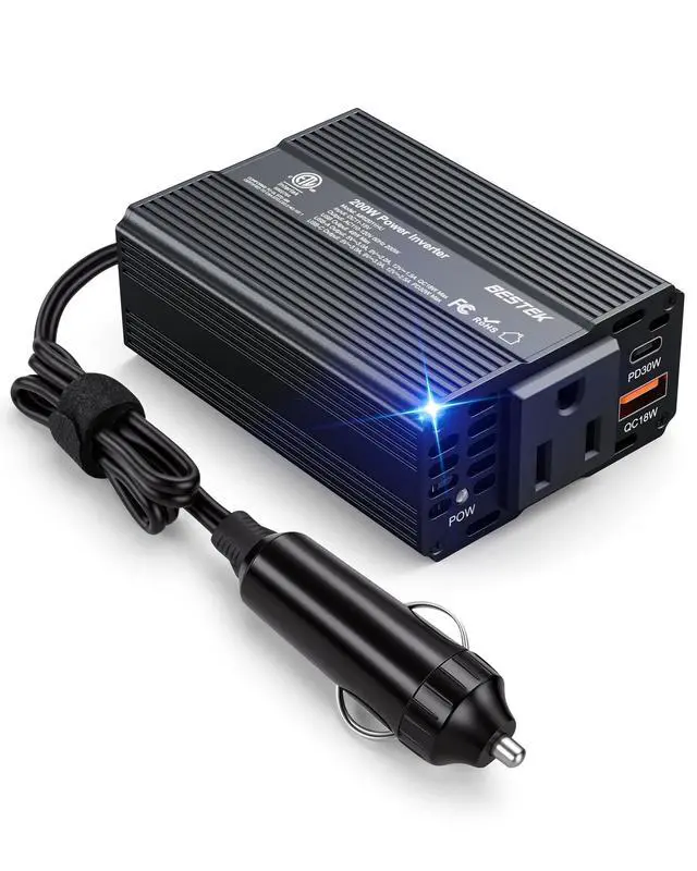 Main image of Power Inverter DC 12V to AC 110V - 200W Car Plug Adapter Outlet PD 30W USB-C & QC18W USB-A Fast Charging Port - Car Charger Cigarette Lighter Adapter for Phone, Laptop - ETL FCC Certified