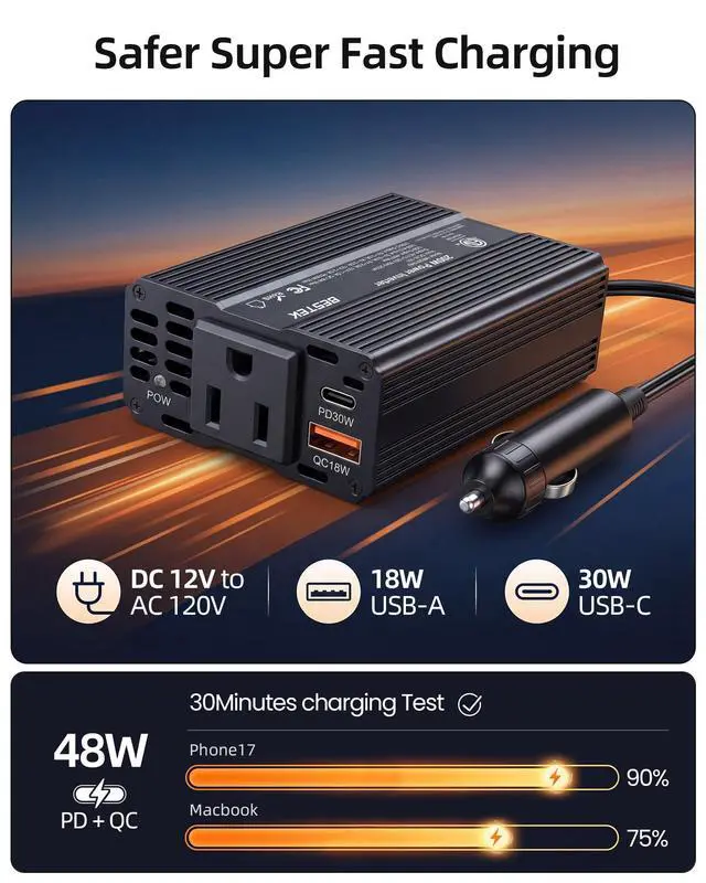 Alt view image 2 of 7 - Power Inverter DC 12V to AC 110V - 200W Car Plug Adapter Outlet PD 30W USB-C & QC18W USB-A Fast Charging Port - Car Charger Cigarette Lighter Adapter for Phone, Laptop - ETL FCC Certified