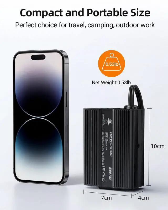 Alt view image 4 of 7 - Power Inverter DC 12V to AC 110V - 200W Car Plug Adapter Outlet PD 30W USB-C & QC18W USB-A Fast Charging Port - Car Charger Cigarette Lighter Adapter for Phone, Laptop - ETL FCC Certified
