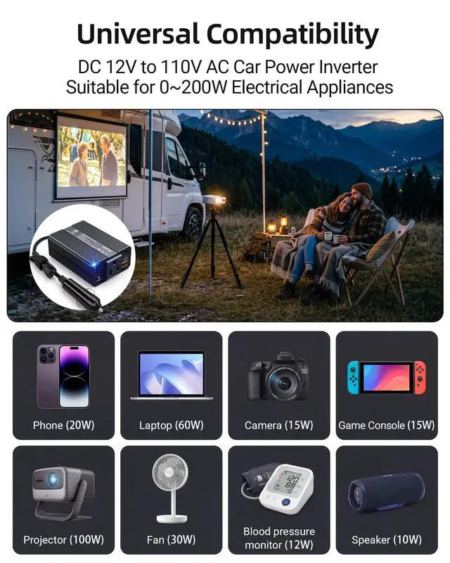 Alt view image 7 of 7 - Power Inverter DC 12V to AC 110V - 200W Car Plug Adapter Outlet PD 30W USB-C & QC18W USB-A Fast Charging Port - Car Charger Cigarette Lighter Adapter for Phone, Laptop - ETL FCC Certified