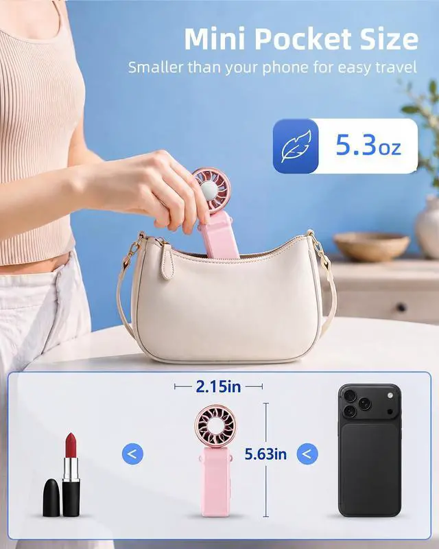 Alt view image 2 of 7 - Mini Portable Fan with Ice Cooling, Lightweight Handheld Pocket Turbo Fan Rechargeable, 3 Speed, Foldable Personal Hand Fan for Travel, Beach Vacation, Women Girls (Pink)