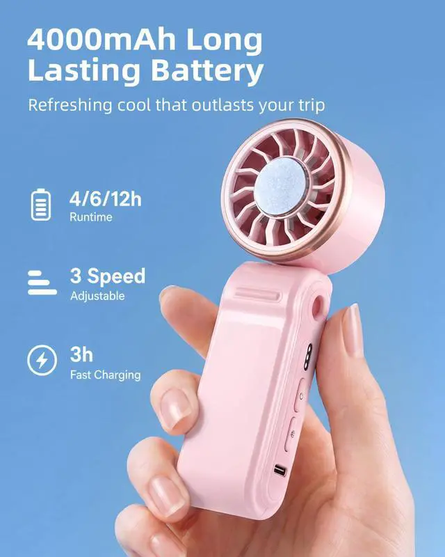 Alt view image 4 of 7 - Mini Portable Fan with Ice Cooling, Lightweight Handheld Pocket Turbo Fan Rechargeable, 3 Speed, Foldable Personal Hand Fan for Travel, Beach Vacation, Women Girls (Pink)