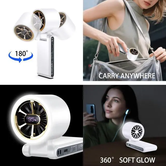 Alt view image 2 of 7 - Rechargeable Strong Wind Handheld Fan With Ambient Lighting 4 IN1 5000mAh Upto 22H For Desktop Waist Clip Neck (StrongWind/White)