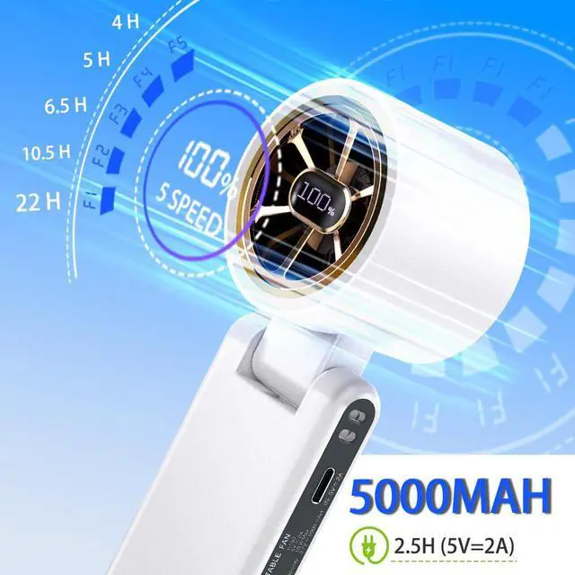 Alt view image 6 of 7 - Rechargeable Strong Wind Handheld Fan With Ambient Lighting 4 IN1 5000mAh Upto 22H For Desktop Waist Clip Neck (StrongWind/White)