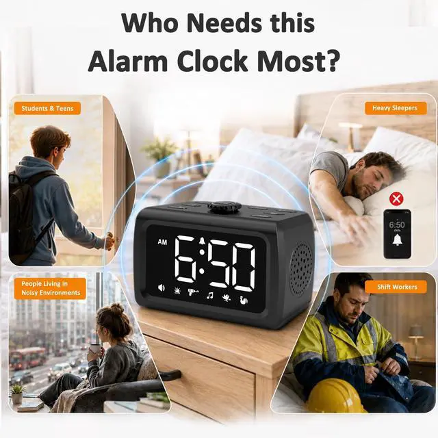 Alt view image 3 of 7 - 115dB Super Loud Alarm Clock for Heavy Sleepers, Large Display