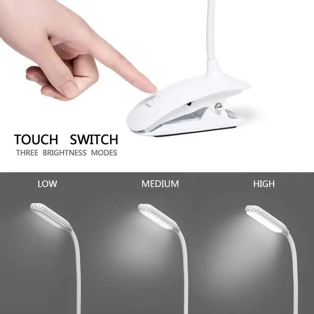 Alt view image 2 of 6 - Raniaco Led Clip Reading Book Light Daylight 16 LEDs USB Rechargeable Reading Lamp-3 Brightness,Touch Switch Bedside Book Light with Good Eye Protection Brightness (White)