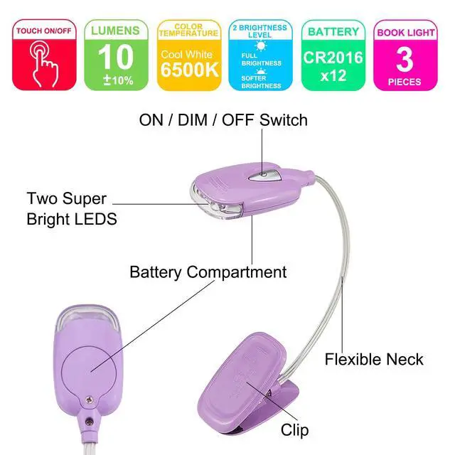 Alt view image 6 of 7 - Book Light for Kids Clip on Book Lights for Reading in Bed Book Lamp Portable LED Reading Light with 360° Flexible and 2 Brightness (3Pack Mini Reading Lights)