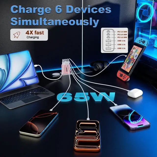 Alt view image 2 of 6 - USB C Charger Block, 2Pcs 65W 6-Port USB C Wall Charger for iPhone Charger Fast Charging PD Power Adapter+QC Wall Plug Multiport Type C Brick Chargers for iPhone 17 16 15 14 13 Pro Max XS,for Samsung