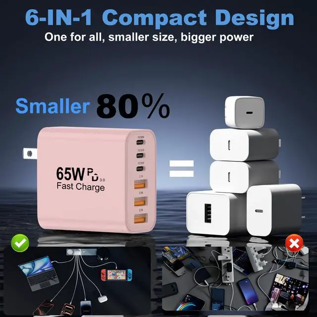 Alt view image 5 of 6 - USB C Charger Block, 2Pcs 65W 6-Port USB C Wall Charger for iPhone Charger Fast Charging PD Power Adapter+QC Wall Plug Multiport Type C Brick Chargers for iPhone 17 16 15 14 13 Pro Max XS,for Samsung