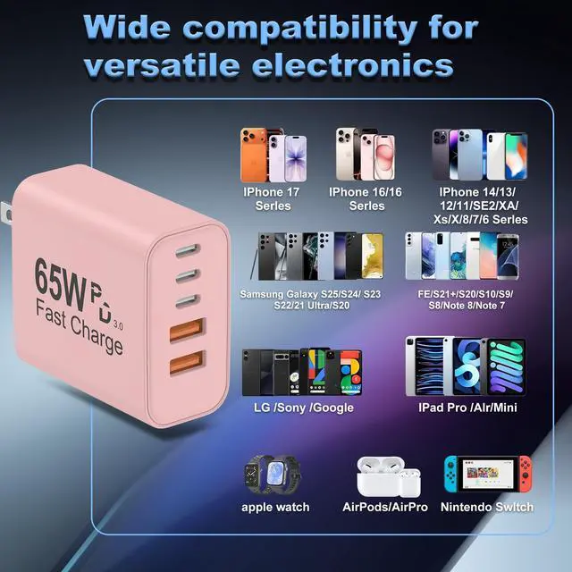 Alt view image 6 of 6 - USB C Charger Block, 2Pcs 65W 6-Port USB C Wall Charger for iPhone Charger Fast Charging PD Power Adapter+QC Wall Plug Multiport Type C Brick Chargers for iPhone 17 16 15 14 13 Pro Max XS,for Samsung