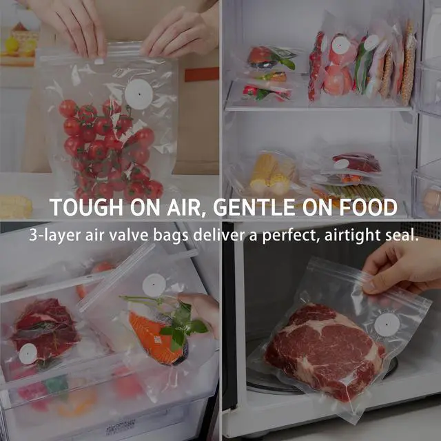Alt view image 6 of 6 - 30 Reusable Vacuum Sealer Bags for Food, Small 8" x 10" Food Storage Zipper Bags with Air Valve BPA-free Leakproof Keep Food Freshness, Compatible with Compact Vacuum Sealers