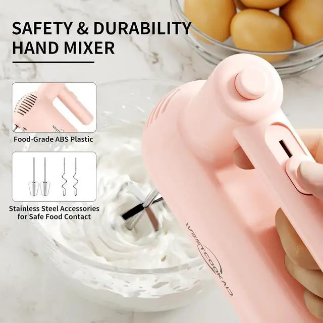 Alt view image 5 of 7 - Electric Hand Mixer, 5-Speed Handheld Mixer for Baking Cakes, Eggs, Cream, 150W Turbo Boost Kitchen Mixer, Pink, Gifts for Women Mother